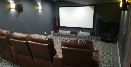 A home theater system with big screen and couches