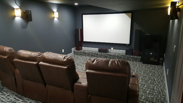A home theater system with big screen and couches