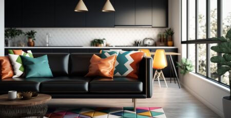 Modern open-concept living space with black kitchen cabinets, a black leather sofa with colorful pillows, and a geometric rug.