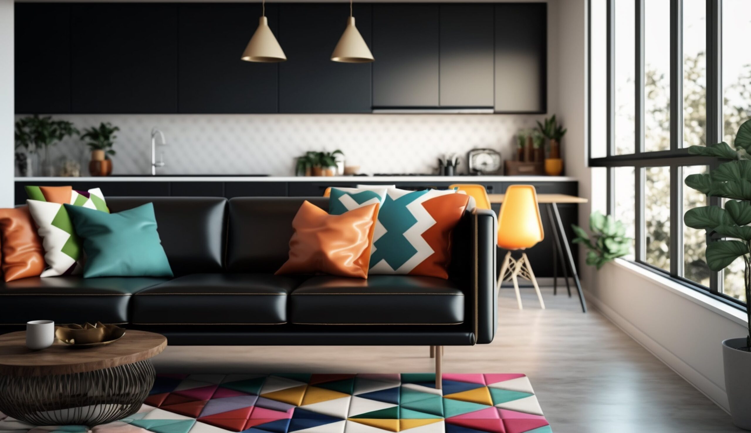 Modern open-concept living space with black kitchen cabinets, a black leather sofa with colorful pillows, and a geometric rug.