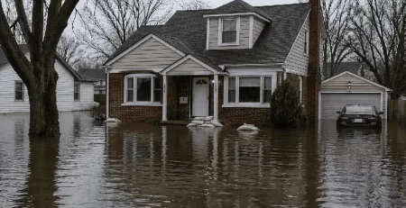 Flooded residential house with water surrounding foundation and driveway after heavy rainfall