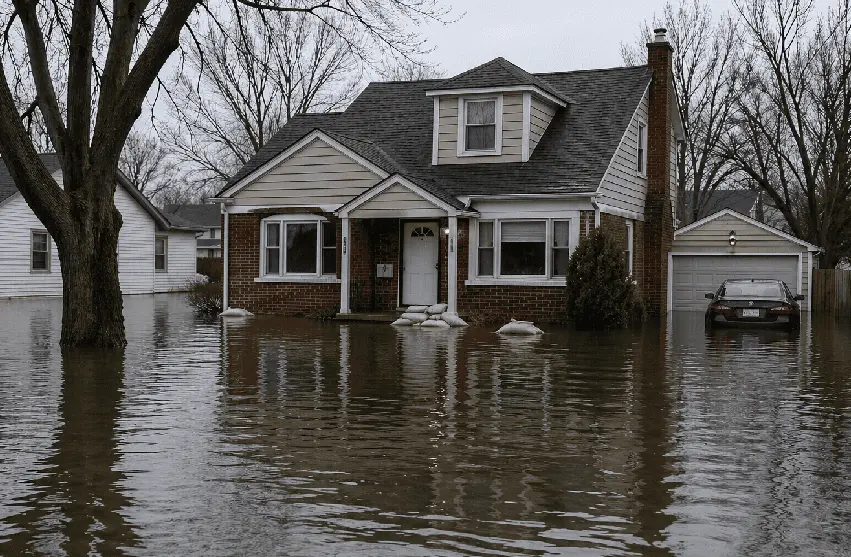 Flooded residential house with water surrounding foundation and driveway after heavy rainfall