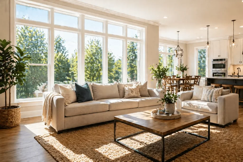 Bright living room with large windows allowing natural light into a Michigan home interior Title