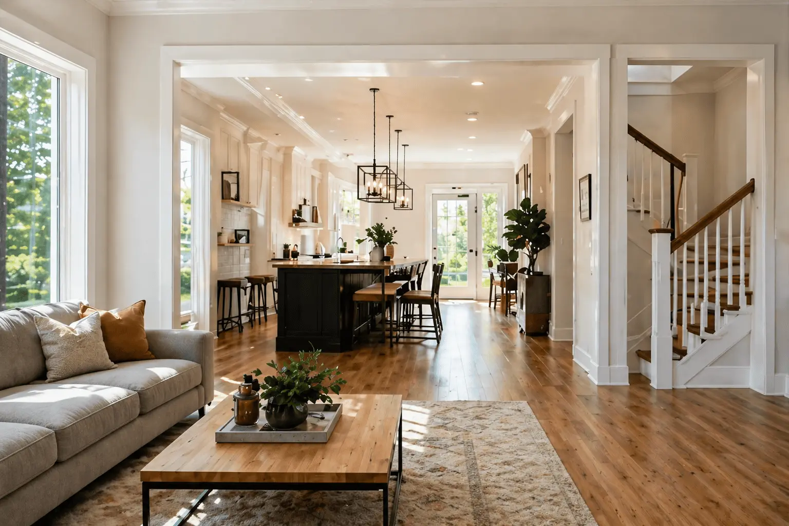 Open layout home interior with natural light flowing between living room, dining, and kitchen spaces