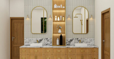 Modern double vanity bathroom remodeling with wood cabinets, marble countertop, and gold fixtures in a Michigan home