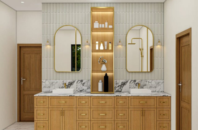 Modern double vanity bathroom remodeling with wood cabinets, marble countertop, and gold fixtures in a Michigan home