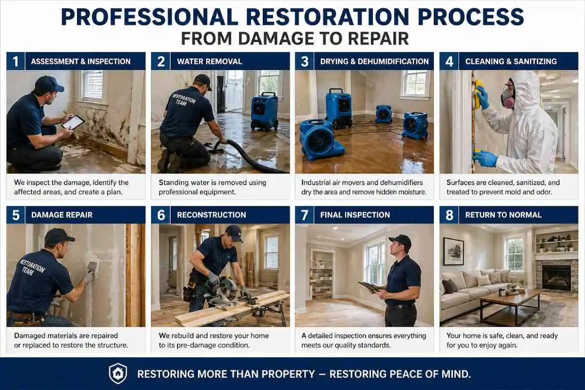 Restoration team removing water and drying interior structure after property damage