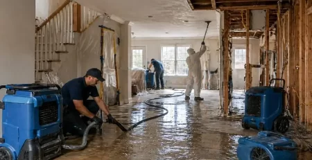 Interior house renovation in progress with water damage restoration and structural repairs