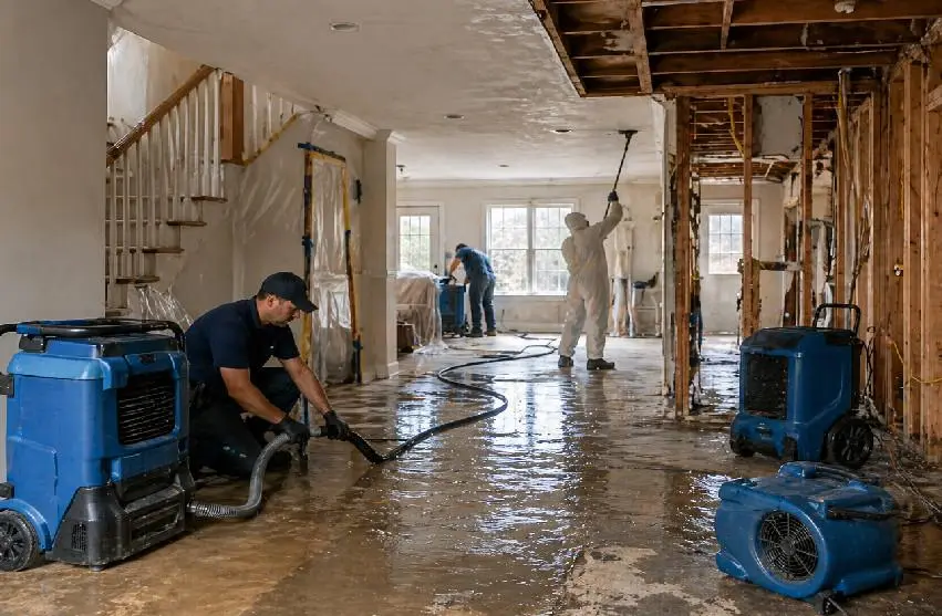 Interior house renovation in progress with water damage restoration and structural repairs