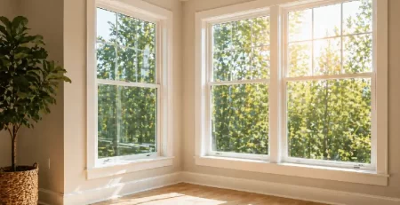 Sunlight entering a room through large windows highlighting interior space and flooring