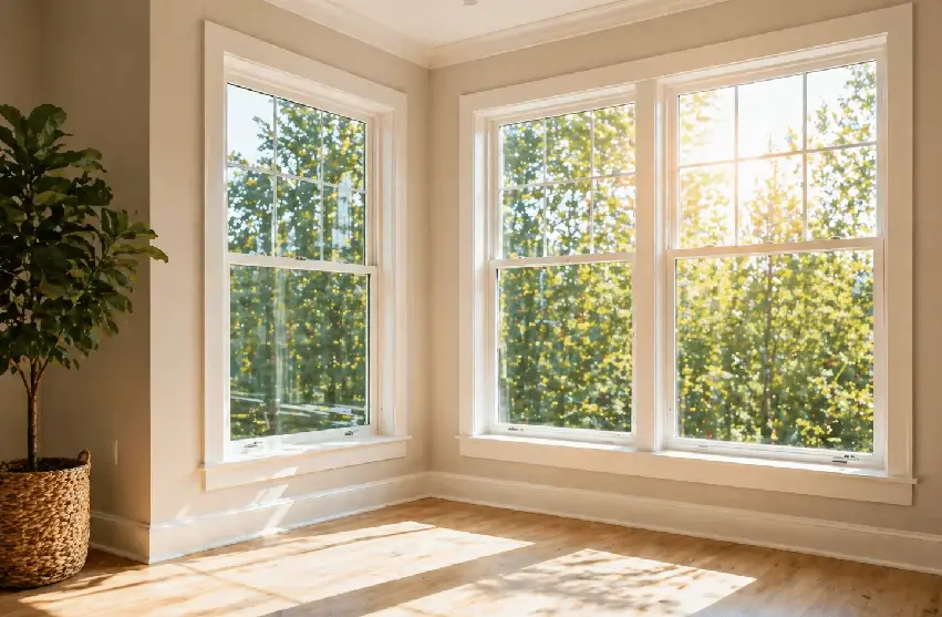 Sunlight entering a room through large windows highlighting interior space and flooring