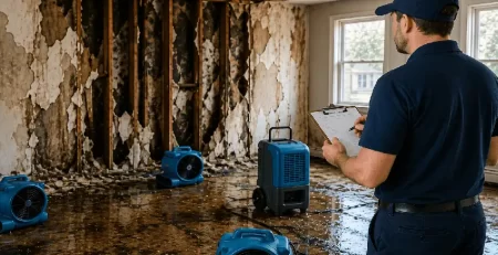 Insurance adjuster inspecting water-damaged room during property restoration assessment