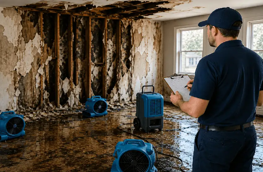 Insurance adjuster inspecting water-damaged room during property restoration assessment