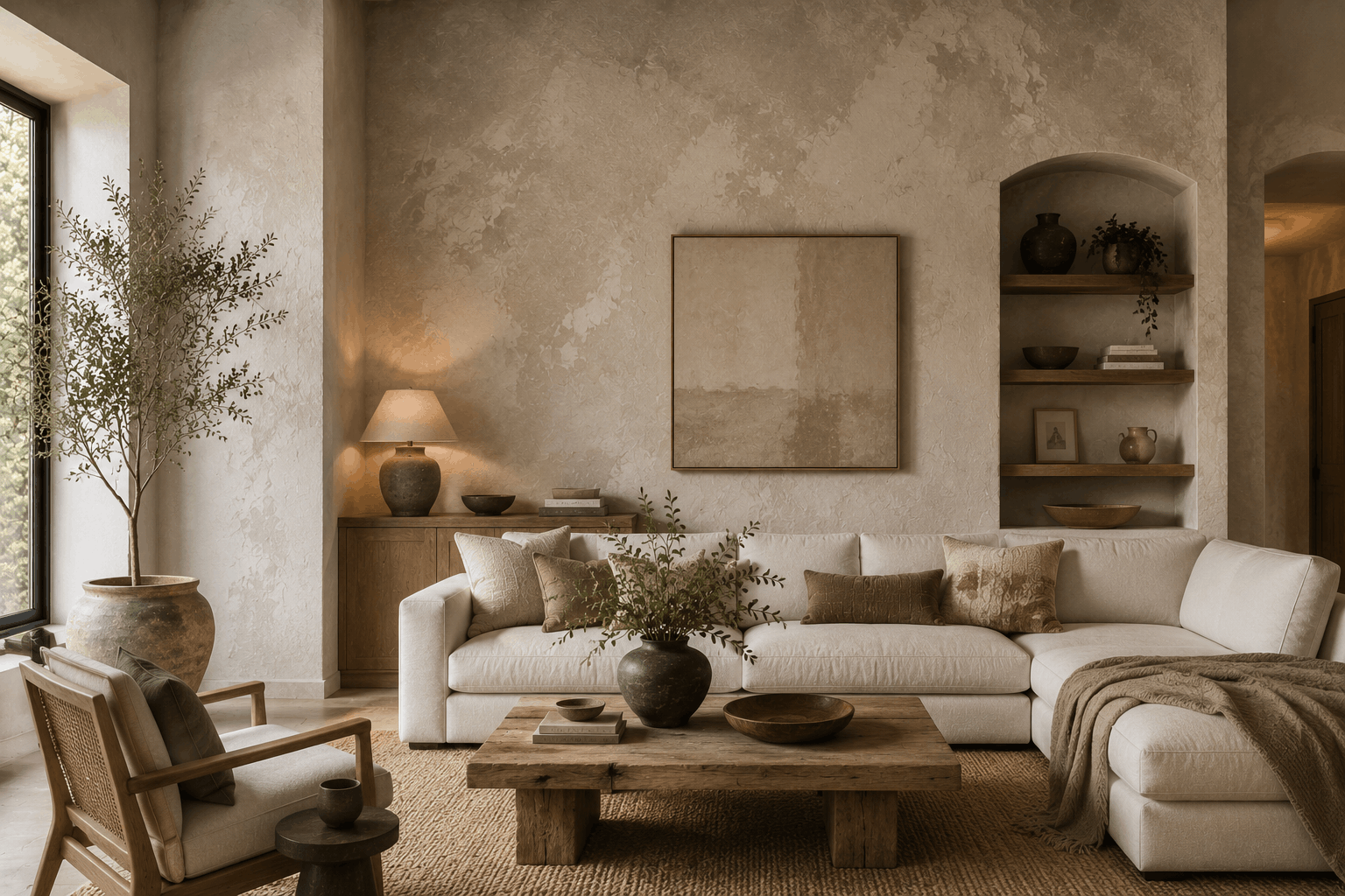 Modern living room with limewash textured walls, natural wood furniture, and layered organic materials