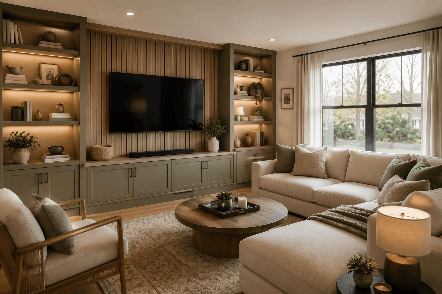 Modern Michigan living room with integrated built-in storage, shelving, and custom media wall design